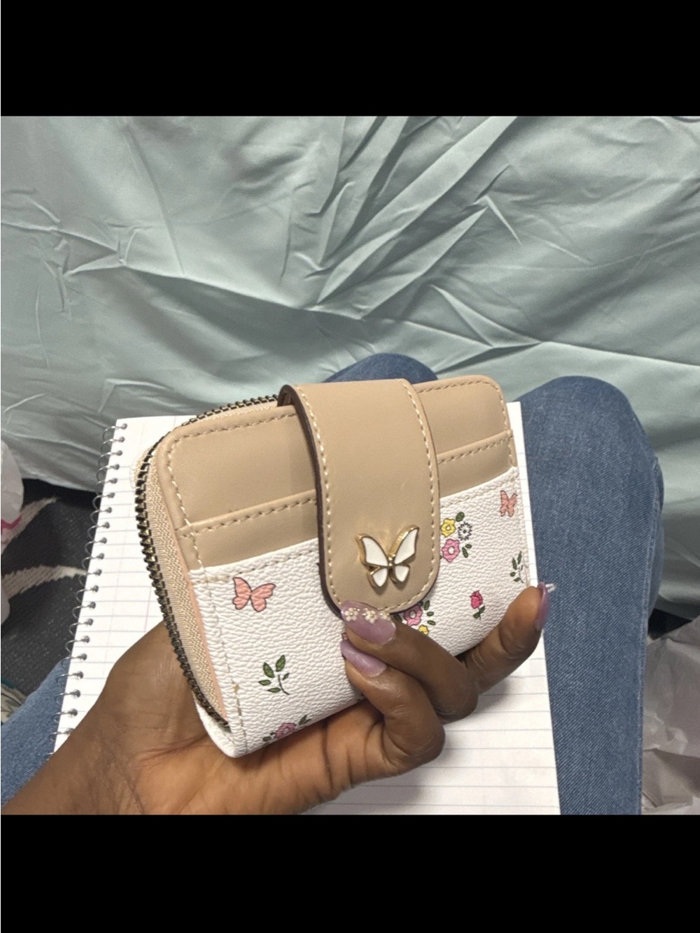 Compact Beige and White Floral Butterfly Card Wallet